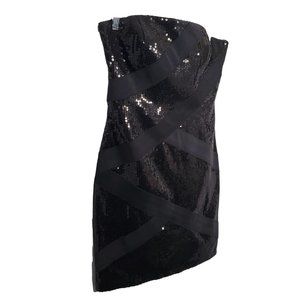 JS Collections Size 8 Dress Strapless Mini All Over Sequins Bandage Ribbon Black